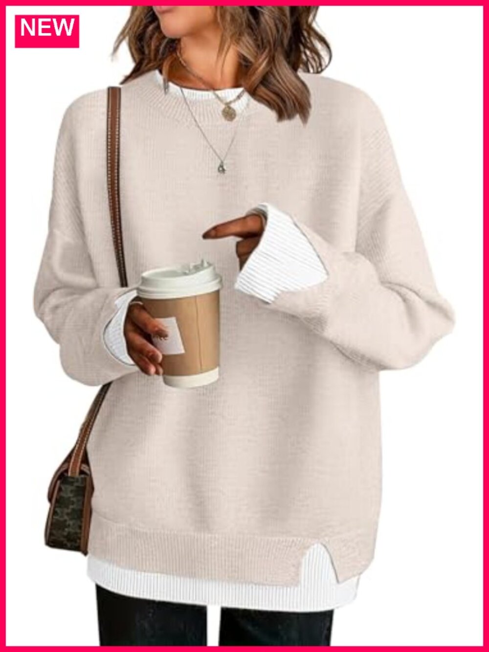 Oversized Patchwork Knit Sweater Pullover Crew Neck Long Sleeve Fall Teacher